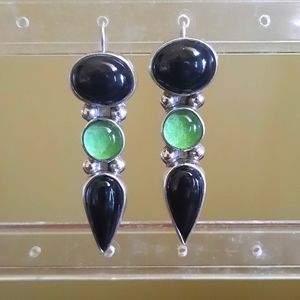 Vintage Sterling Silver 3-stone Onyx and Green Art Glass Dangle Earrings.